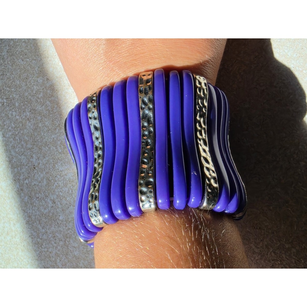 Purple and Silver Hush Lead Safe  Nickel Free Retro Chunky Stretch Bracelet
